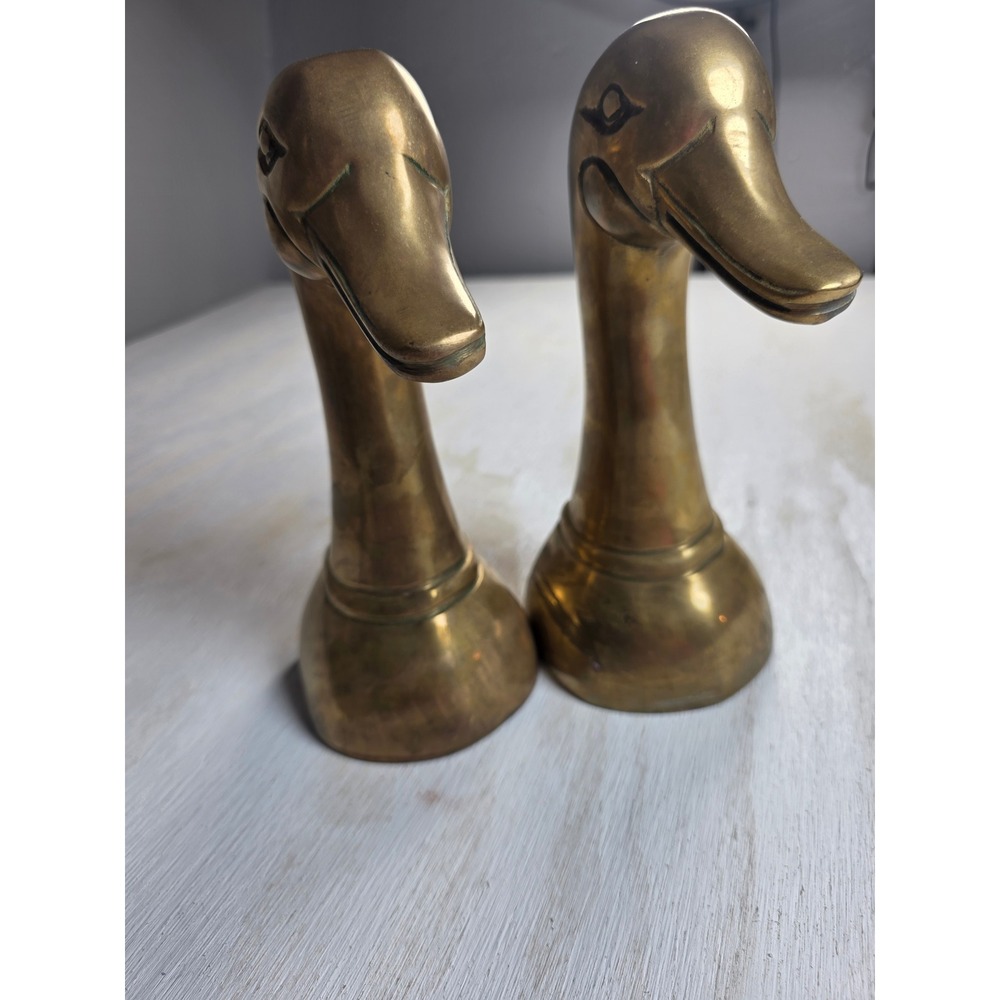 Vintage Solid Brass Duck Head Bookends Pair Mid Century Modern Mallard Decor